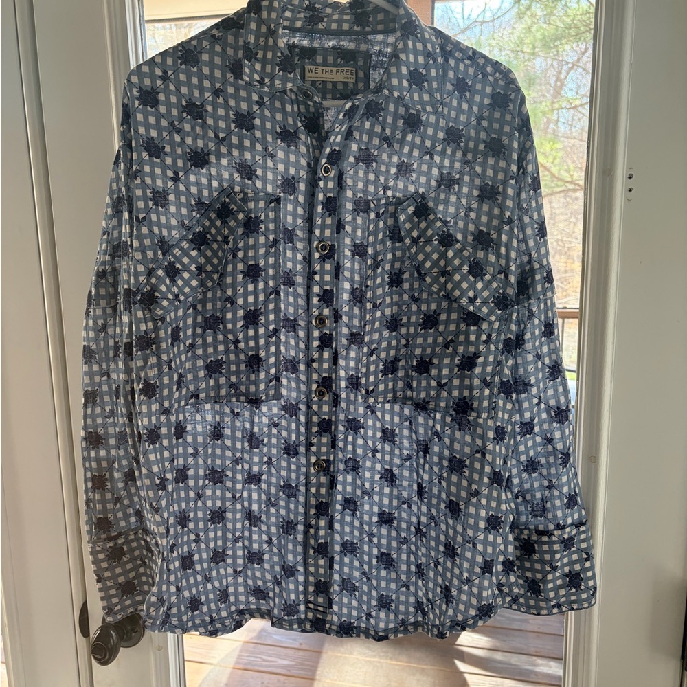 We The Free Blue Patterned Button Down Shirt - image 3